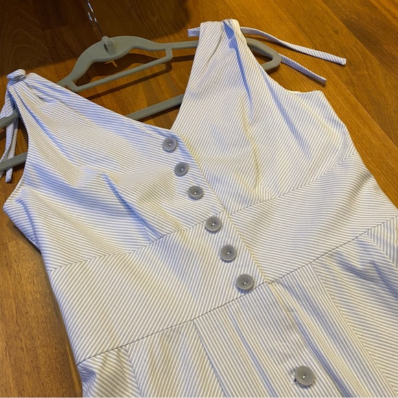 Vintage Y2K Blue Pinstripe Fitted Bodice Button-Up Sleeveless Summer Dress - Picture 5 of 15